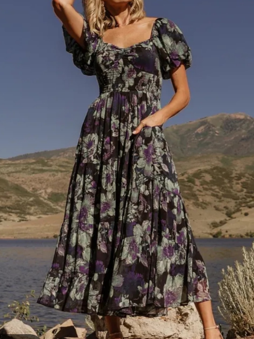 Baltic Born | Black Midi Dress with Teal & Purple Floral Print